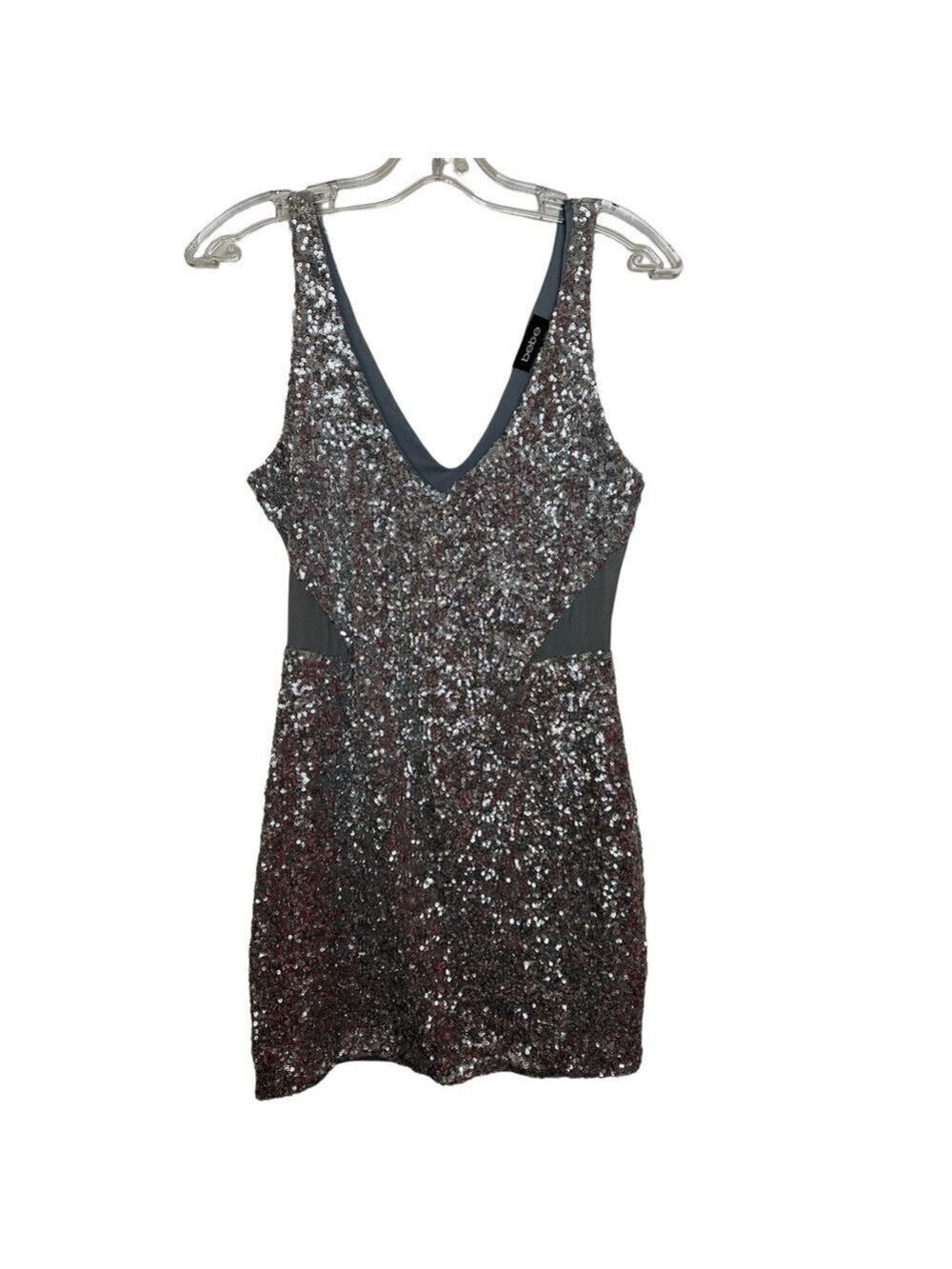 Bebe Silver Sequin Bodycon Sleeveless Mini Dress with Mesh Cutouts - Picture 4 of 14